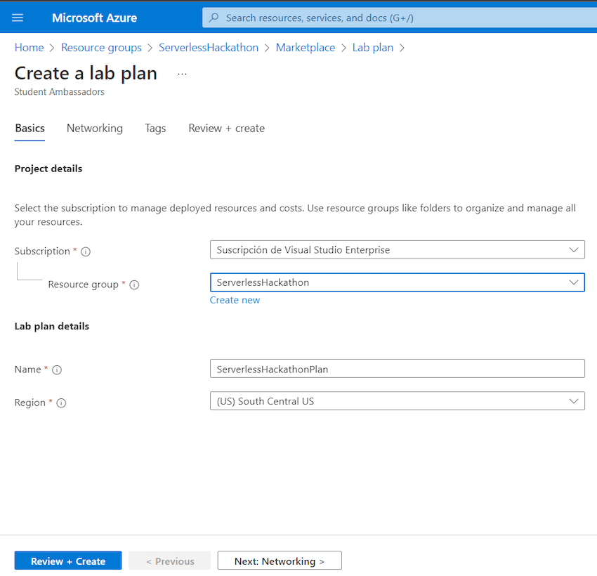 Create a lab plan following the wizard. Select or create a new resource group where the lab plan will be created. Choose a name and location.